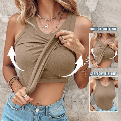 Built-in Bra Tank Top Ribbed Racerback Tops Women Going Out Tops Everyday Basic Tanks Padded Tops-HHW