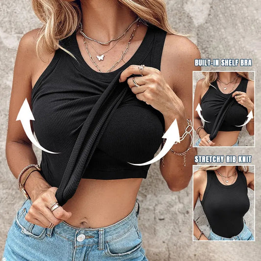 Built-in Bra Tank Top Ribbed Racerback Tops Women Going Out Tops Everyday Basic Tanks Padded Tops-HHW