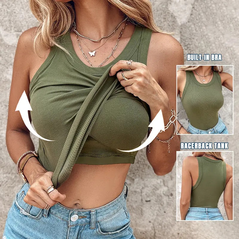 Built-in Bra Tank Top Ribbed Racerback Tops Women Going Out Tops Everyday Basic Tanks Padded Tops-HHW