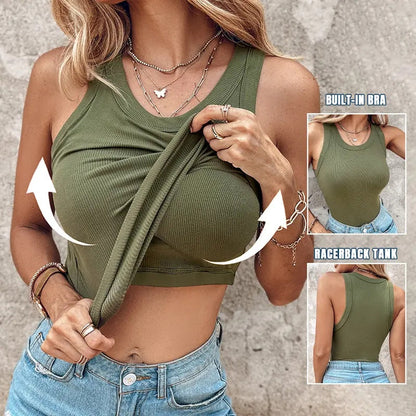 Built-in Bra Tank Top Ribbed Racerback Tops Women Going Out Tops Everyday Basic Tanks Padded Tops-HHW